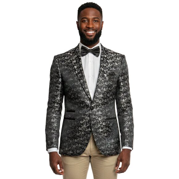 Men's Floral Blazer Slim-Fit Jacket, Black/Silver - Picture 1 of 5